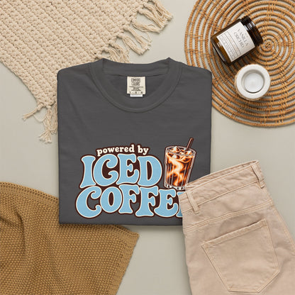Iced Coffee Graphic T-Shirt — "Powered by Iced Coffee" Retro Coffee Tee