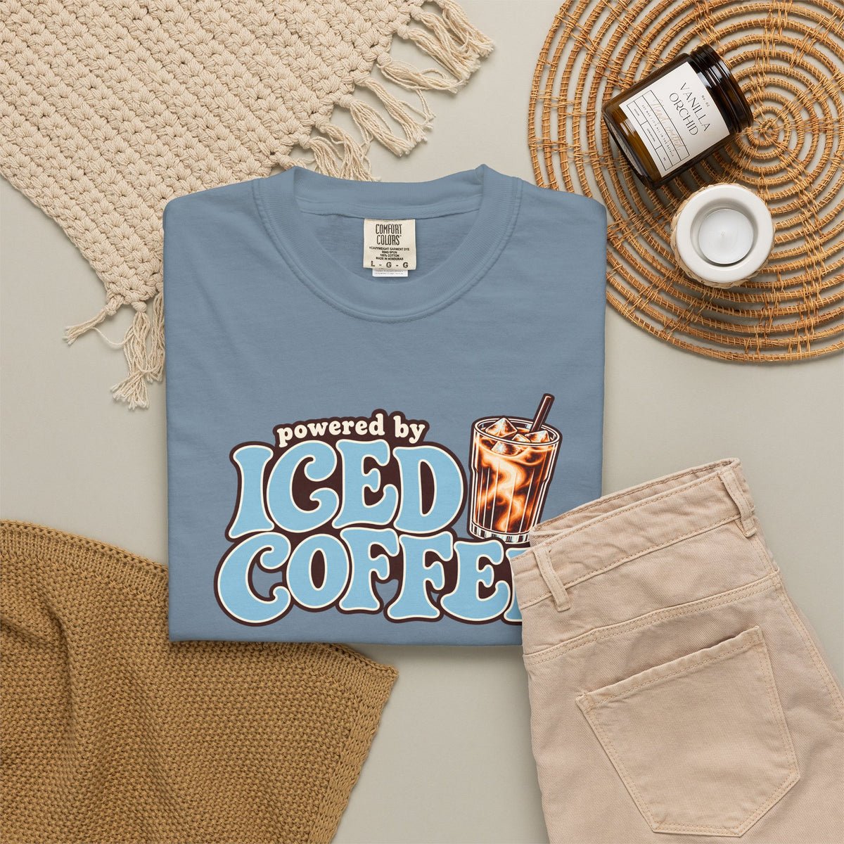Iced Coffee Graphic T-Shirt — "Powered by Iced Coffee" Retro Coffee Tee