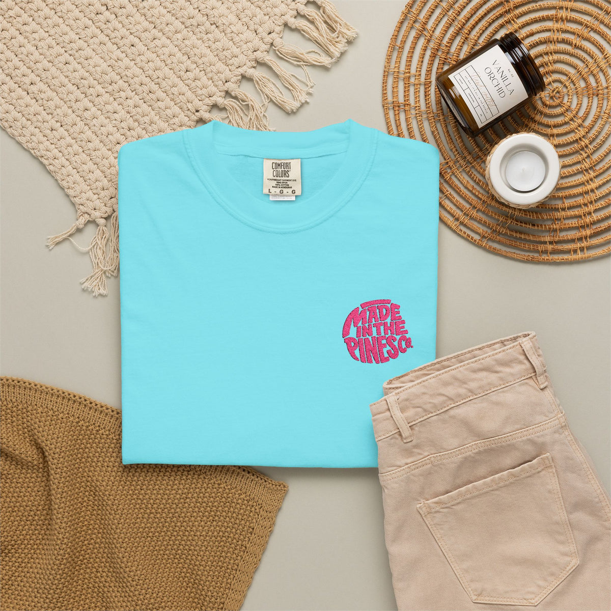 Made in the Pines Co. Embroidered Comfort Colors 1717 T-Shirt | Hot Pink Retro Logo Tee | Garment-Dyed Unisex Shirt