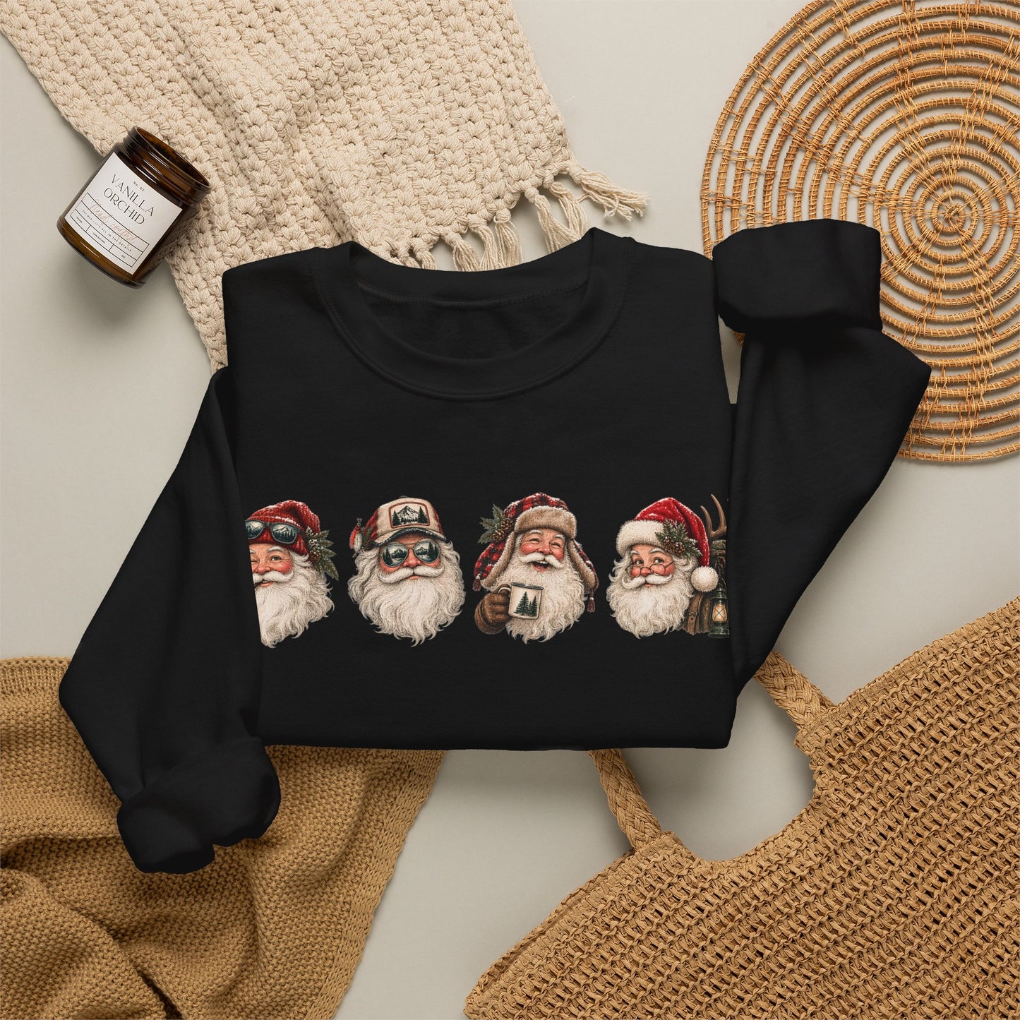 Santa Heads Crewneck Sweatshirt — Vintage Santa Faces Christmas Pullover