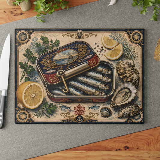 Vintage Sardine Tin Illustration Glass Cutting Board | Seafood Kitchen Art