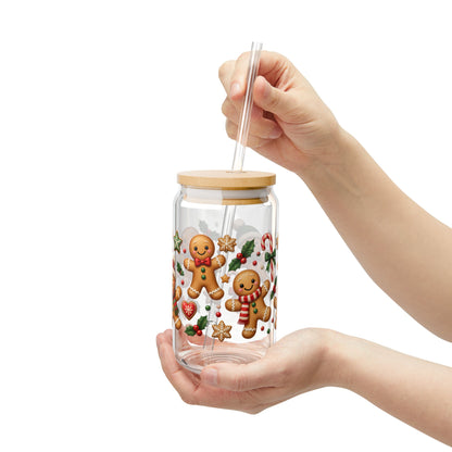 Gingerbread Holiday Sipper Glass — 16oz Festive Cookie Drink Tumbler