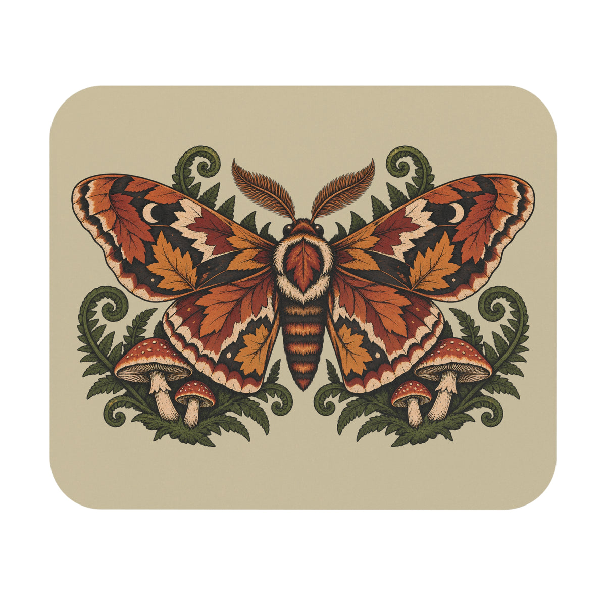 Autumn Moth & Mushroom Mouse Pad — Vintage Botanical Desk Mat
