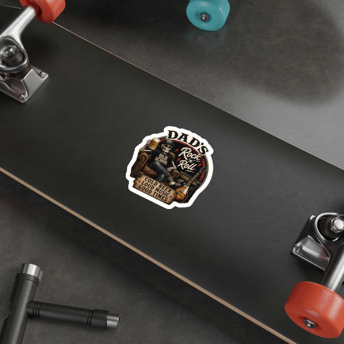 Dad's Rock 'n' Roll Skull Guitar Beer Die-Cut Sticker