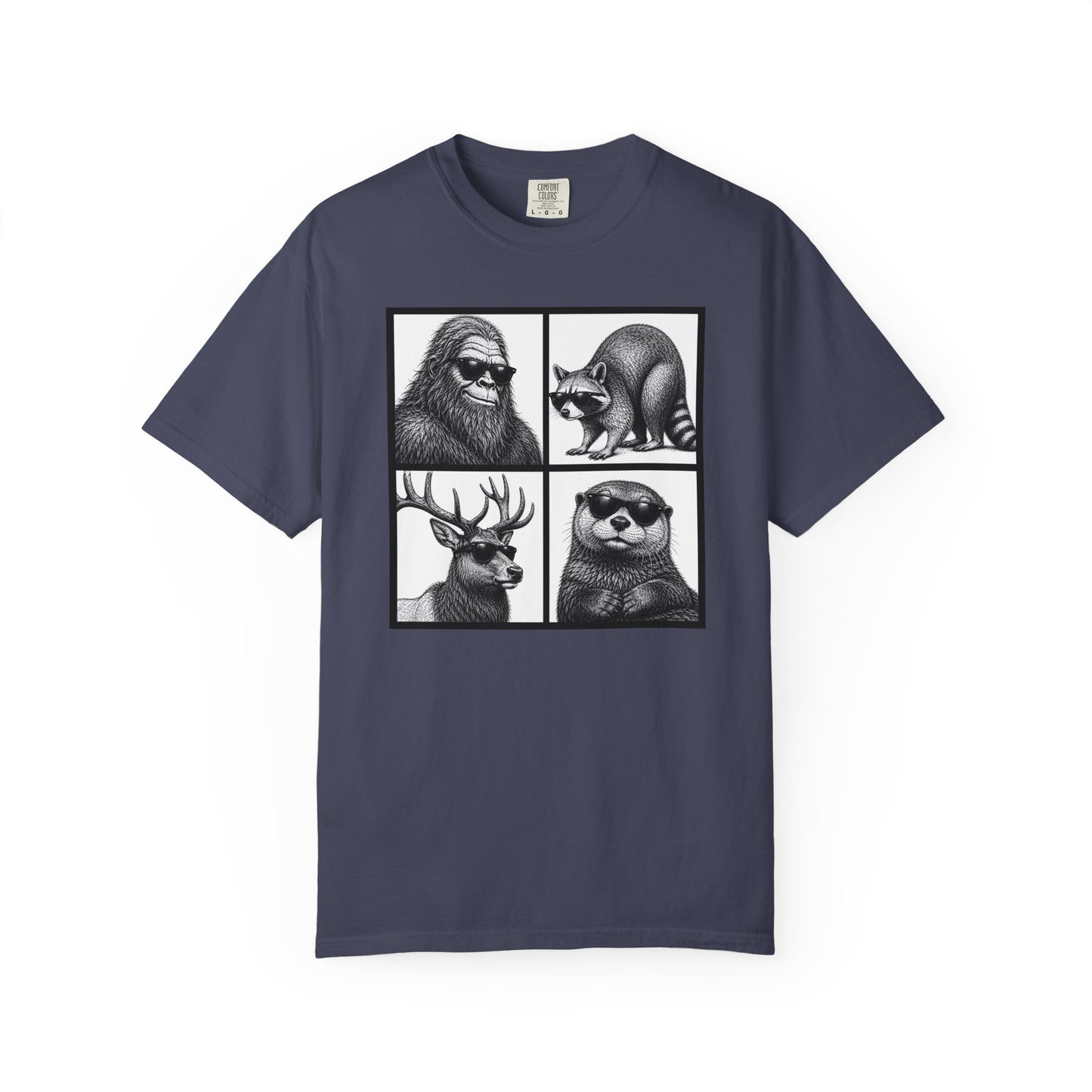 Wildlife Portrait Grid T‑Shirt — Bigfoot, Raccoon, Deer & Otter Illustration