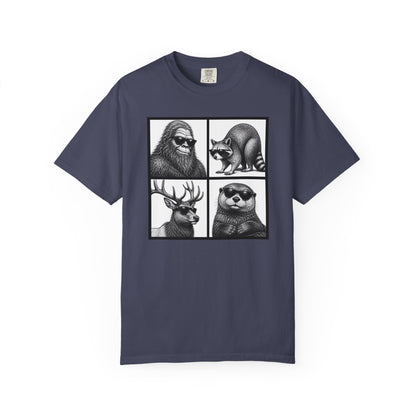 Wildlife Portrait Grid T‑Shirt — Bigfoot, Raccoon, Deer & Otter Illustration