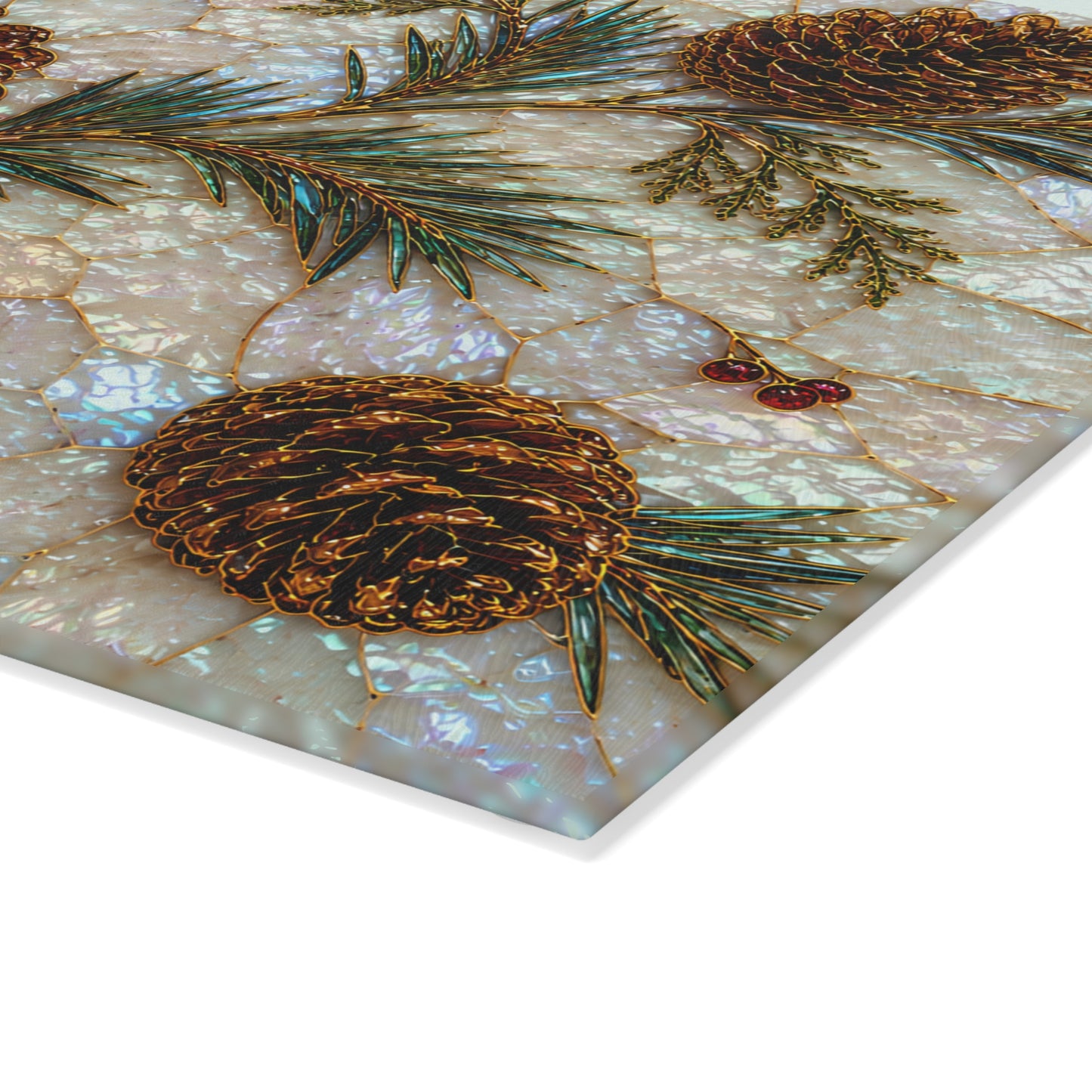 Pinecones and Evergreens Glass Cutting Board | Rustic Holiday Kitchen Decor