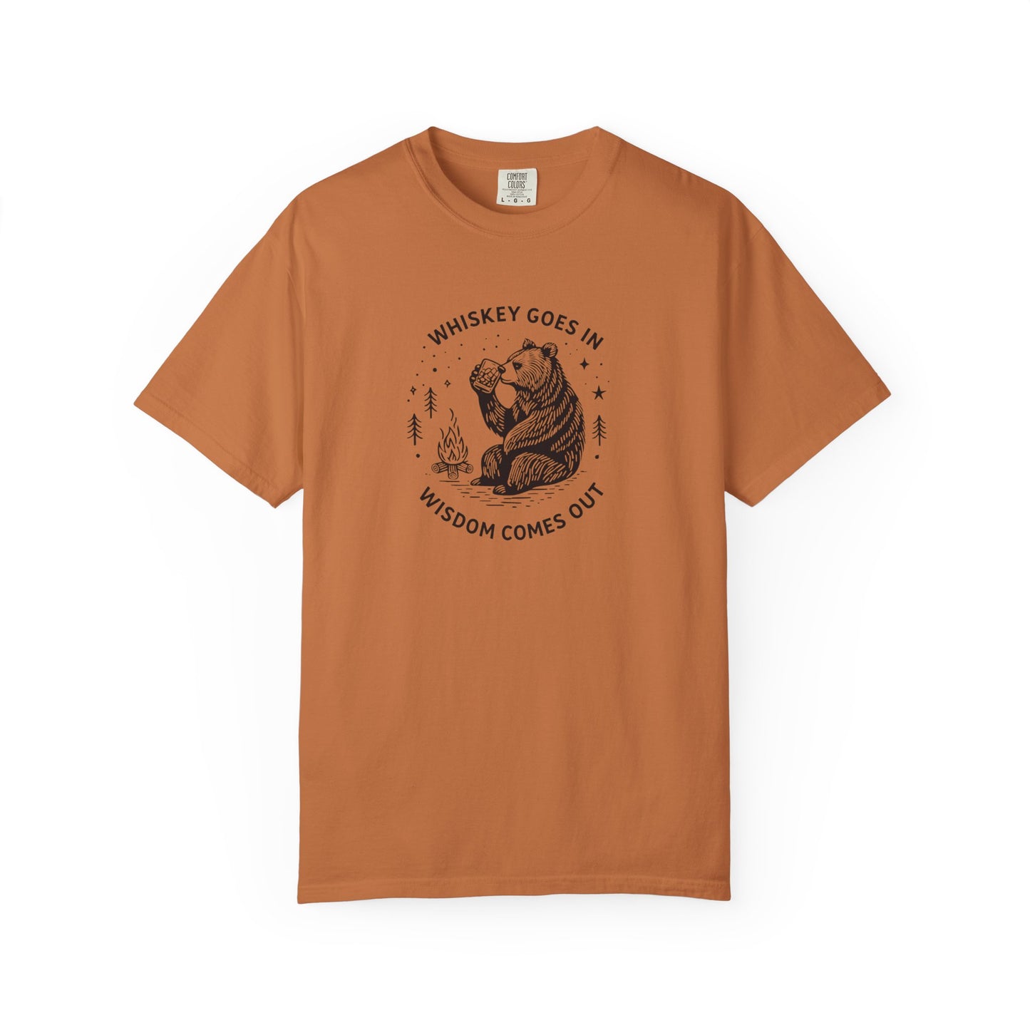 Whiskey Goes In Wisdom Comes Out Bear Illustration T-Shirt | Drinking Humor