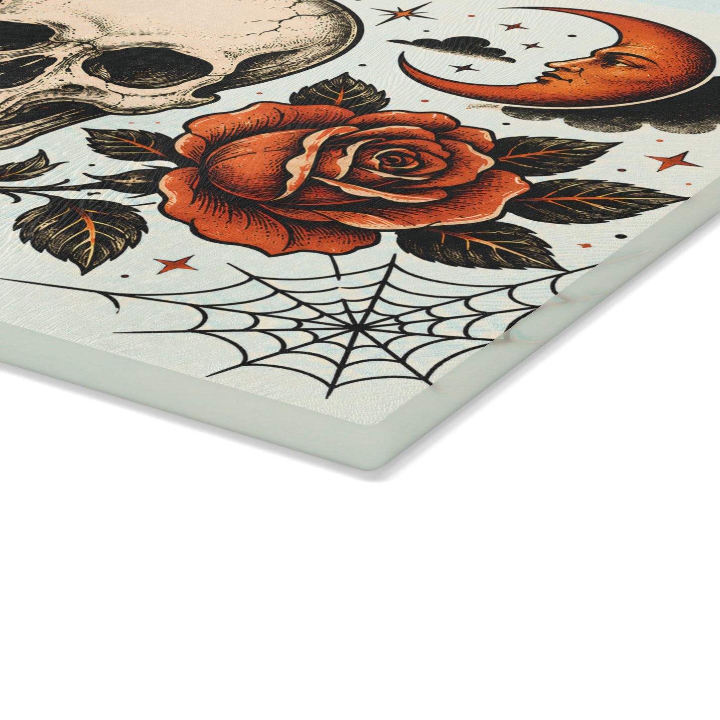 Skull & Roses Glass Cutting Board — Gothic Moon Kitchen Decor