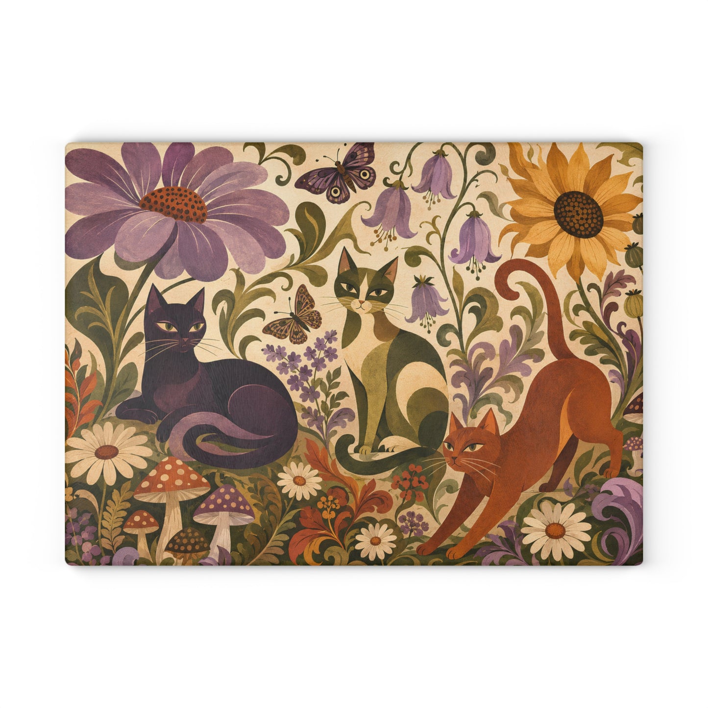 Glass Cutting Board — Vintage Floral Cats Kitchen Cutting Board
