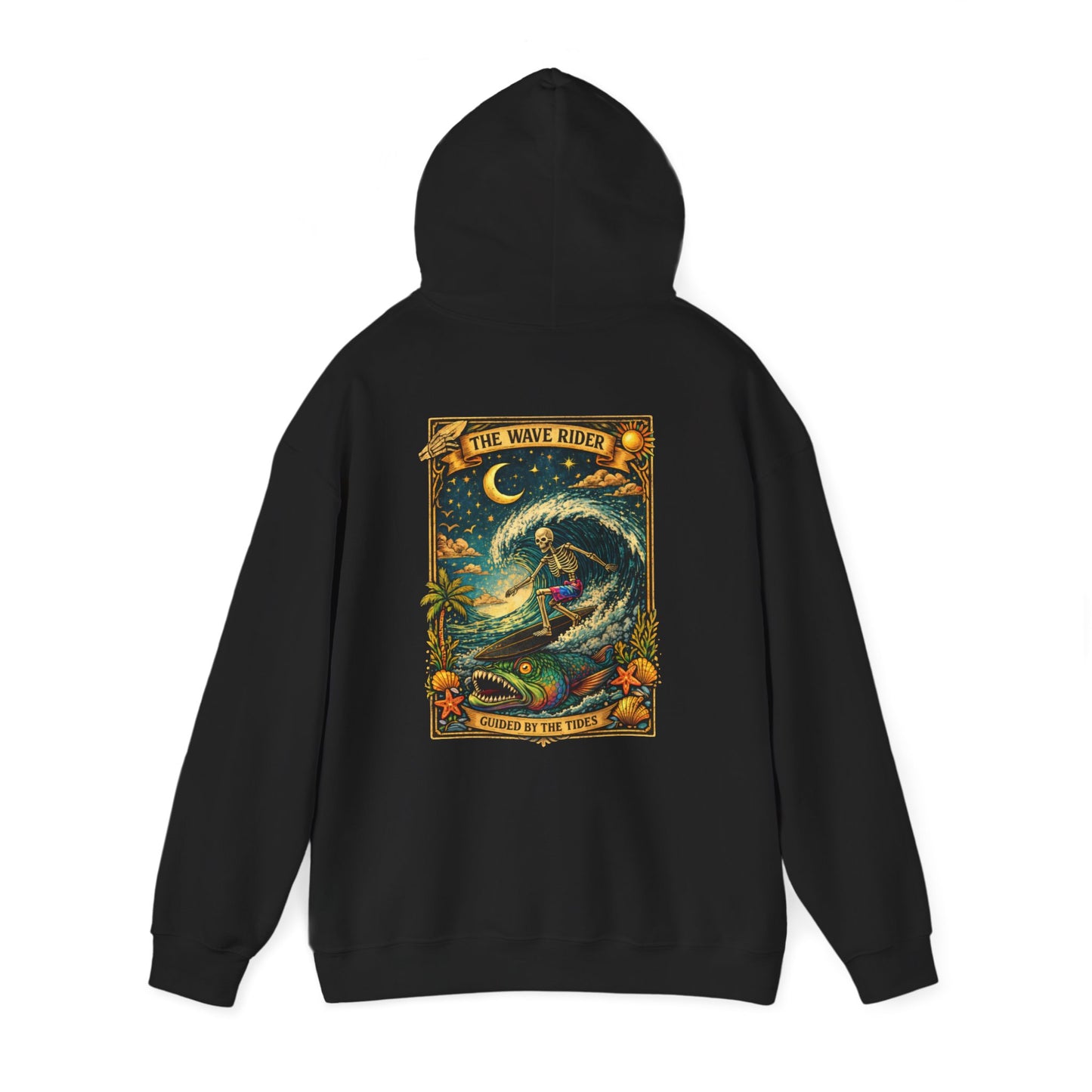 Tarot Surf Hoodie — The Wave Rider Skeleton Surfing Fish, Celestial Ocean Pullover