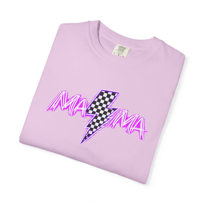 Mama Lightning Bolt T-Shirt — Retro Pink Script Checkerboard Bolt