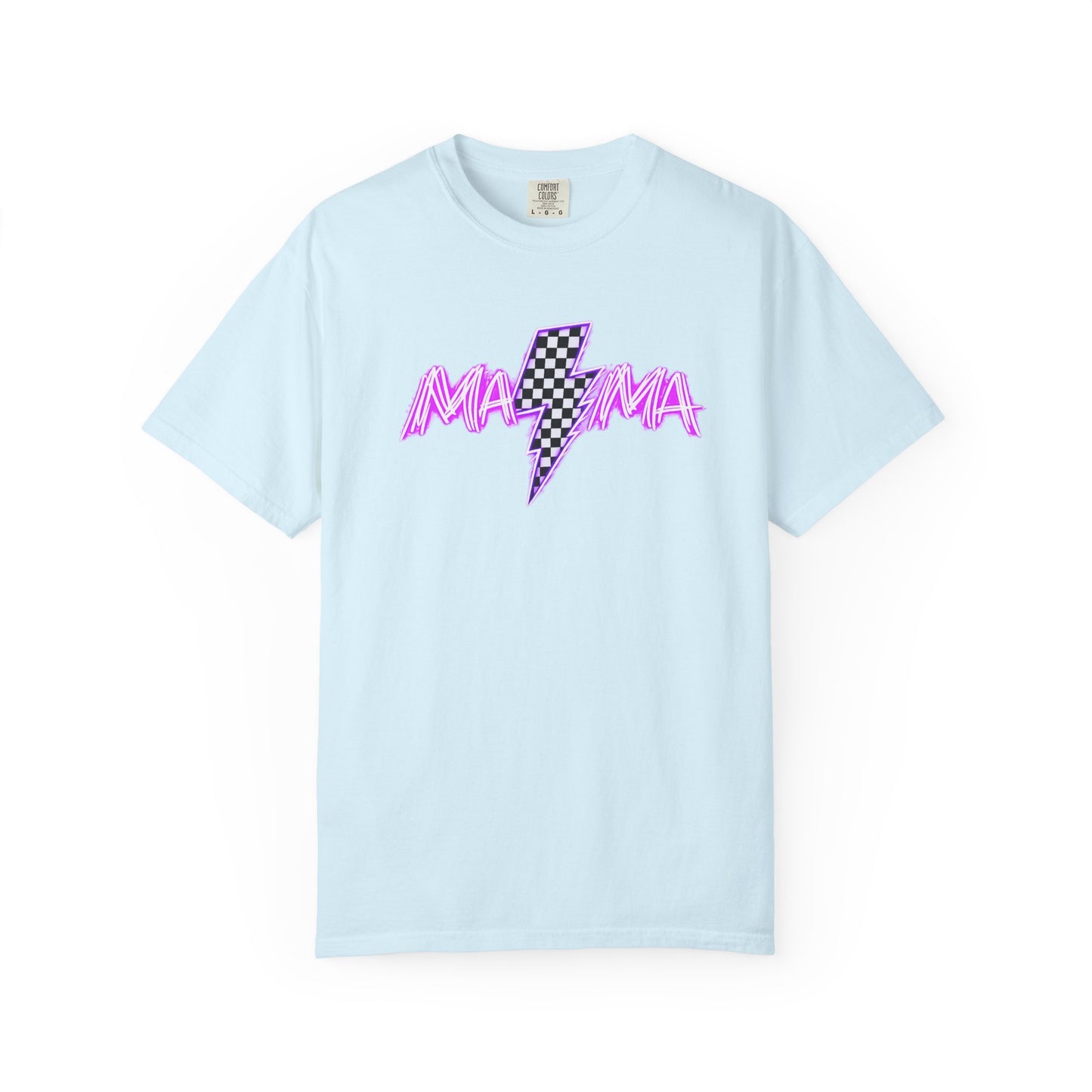 Mama Lightning Bolt T-Shirt — Retro Pink Script Checkerboard Bolt