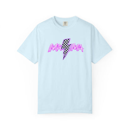Mama Lightning Bolt T-Shirt — Retro Pink Script Checkerboard Bolt