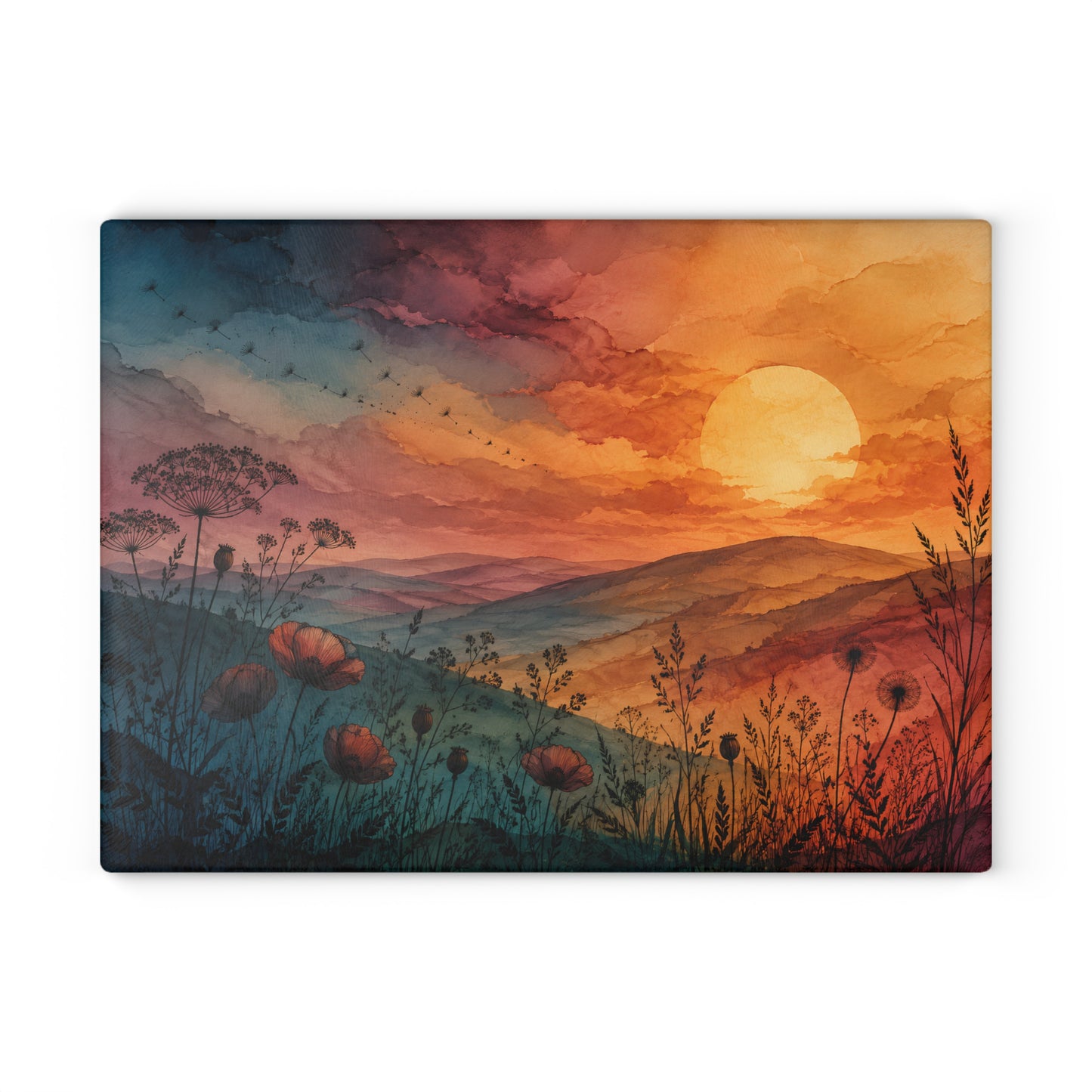 Sunset Wildflower Field Glass Cutting Board | Scenic Landscape Kitchen Decor