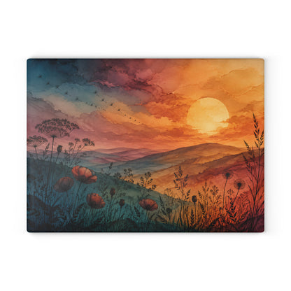 Sunset Wildflower Field Glass Cutting Board | Scenic Landscape Kitchen Decor