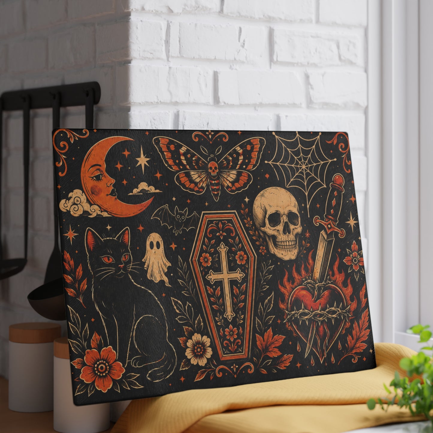 Gothic Occult Glass Cutting Board — Skull, Coffin & Black Cat Kitchen Décor