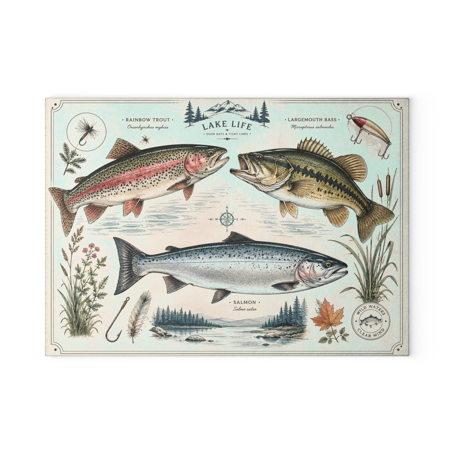 Vintage Fish illustration Glass Cutting Board | Lake Life trout bass salmon