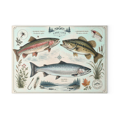 Vintage Fish illustration Glass Cutting Board | Lake Life trout bass salmon