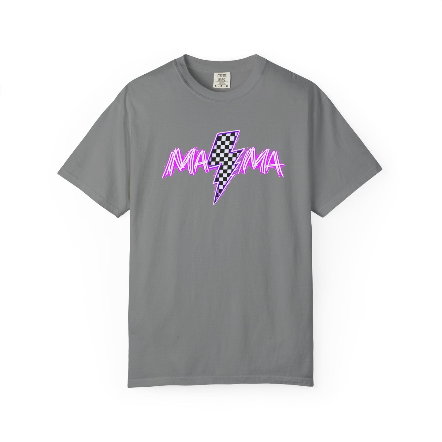 Mama Lightning Bolt T-Shirt — Retro Pink Script Checkerboard Bolt
