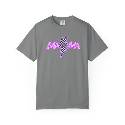 Mama Lightning Bolt T-Shirt — Retro Pink Script Checkerboard Bolt