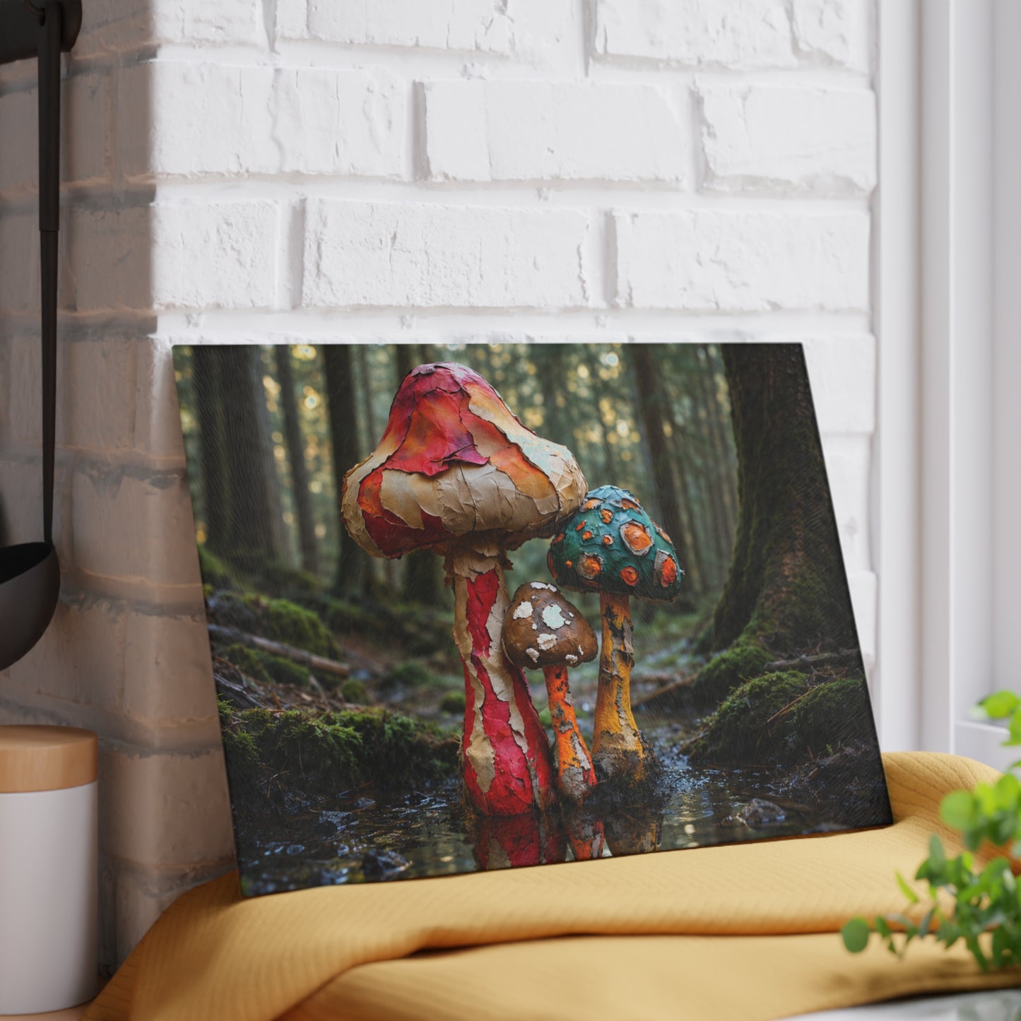 Whimsical Forest Mushrooms Glass Cutting Board — Woodland Kitchen Art