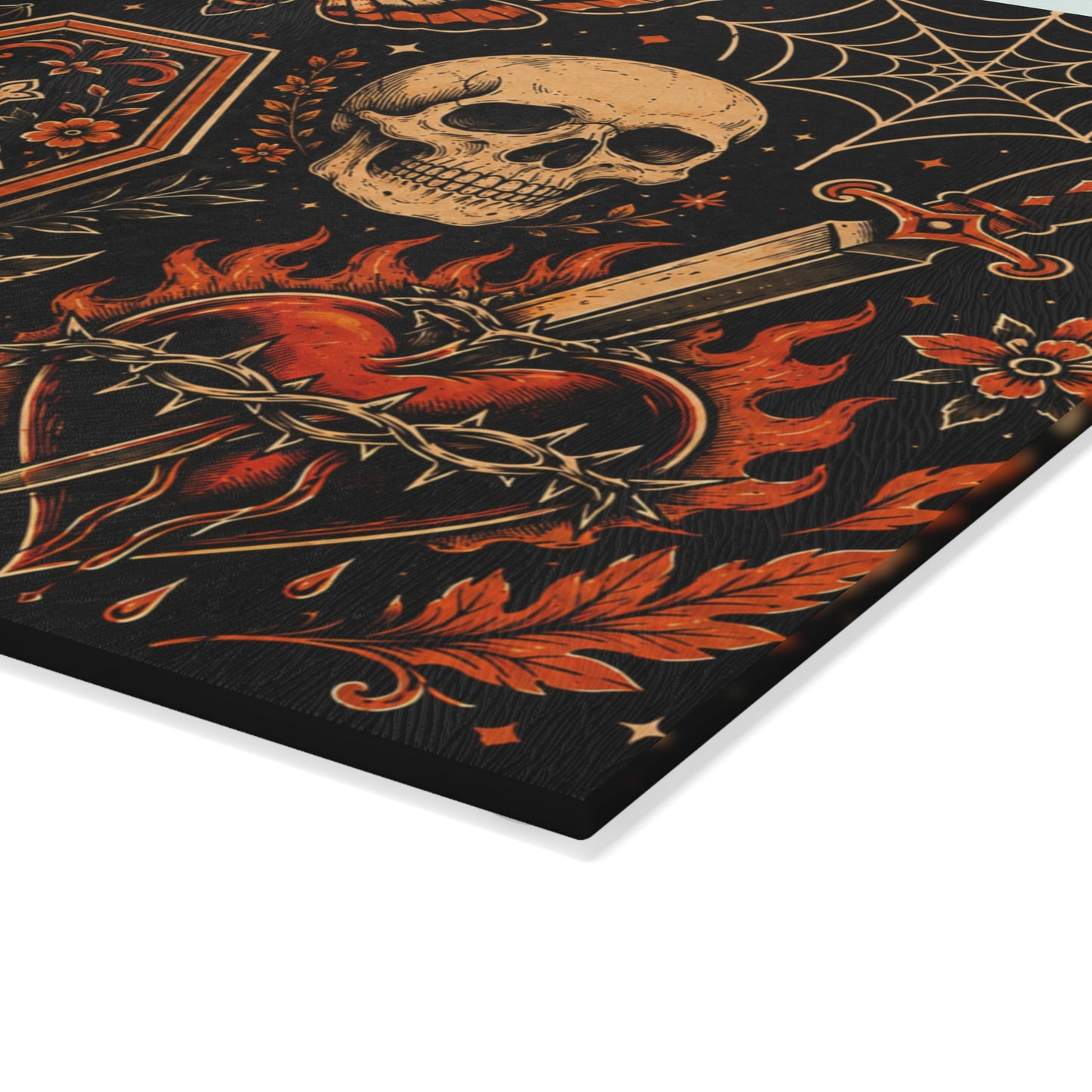 Gothic Occult Glass Cutting Board — Skull, Coffin & Black Cat Kitchen Décor