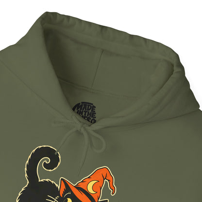 Halloween Black Cat Hoodie – Vintage Witch Hat Cat Pullover