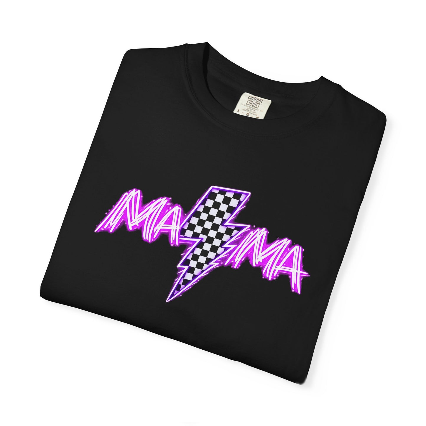 Mama Lightning Bolt T-Shirt — Retro Pink Script Checkerboard Bolt