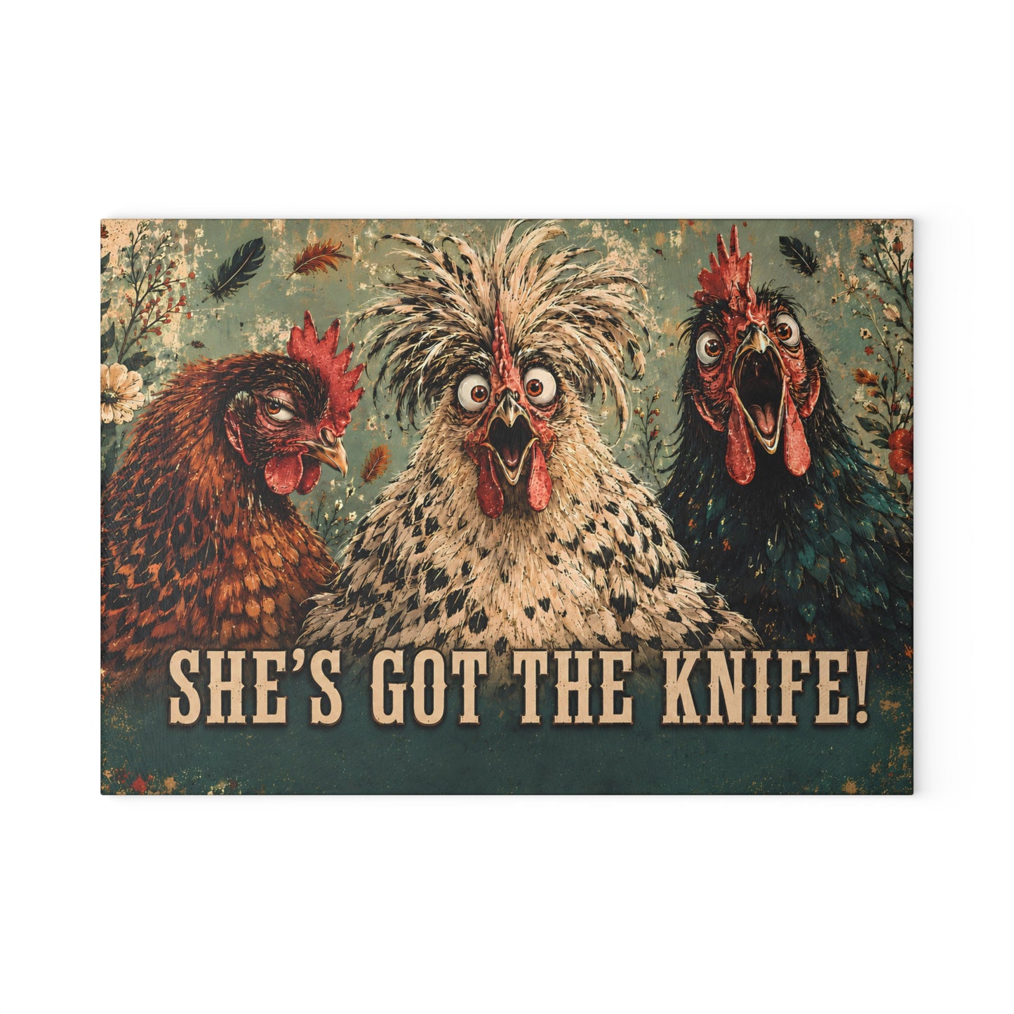 Glass Cutting Board — Funny Rooster Kitchen Decor “She’s Got The Knife!”