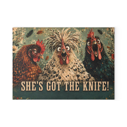 Glass Cutting Board — Funny Rooster Kitchen Decor “She’s Got The Knife!”
