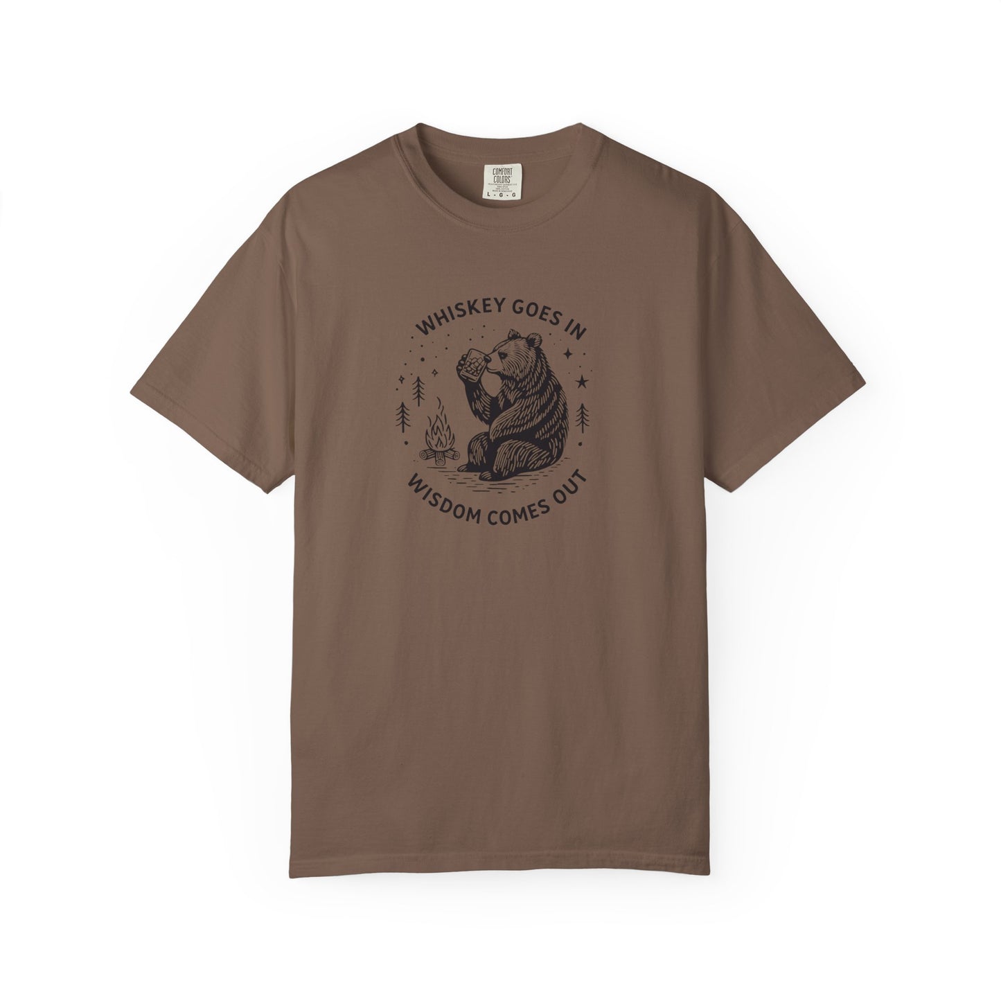 Whiskey Goes In Wisdom Comes Out Bear Illustration T-Shirt | Drinking Humor