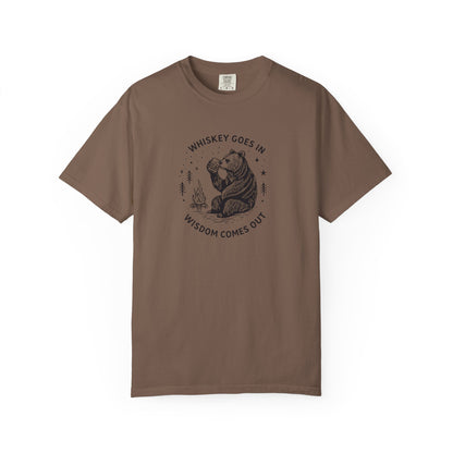 Whiskey Goes In Wisdom Comes Out Bear Illustration T-Shirt | Drinking Humor
