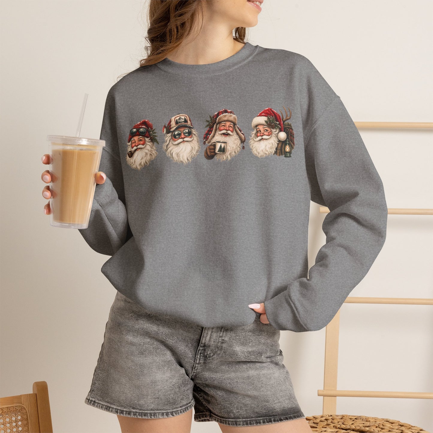 Santa Heads Crewneck Sweatshirt — Vintage Santa Faces Christmas Pullover