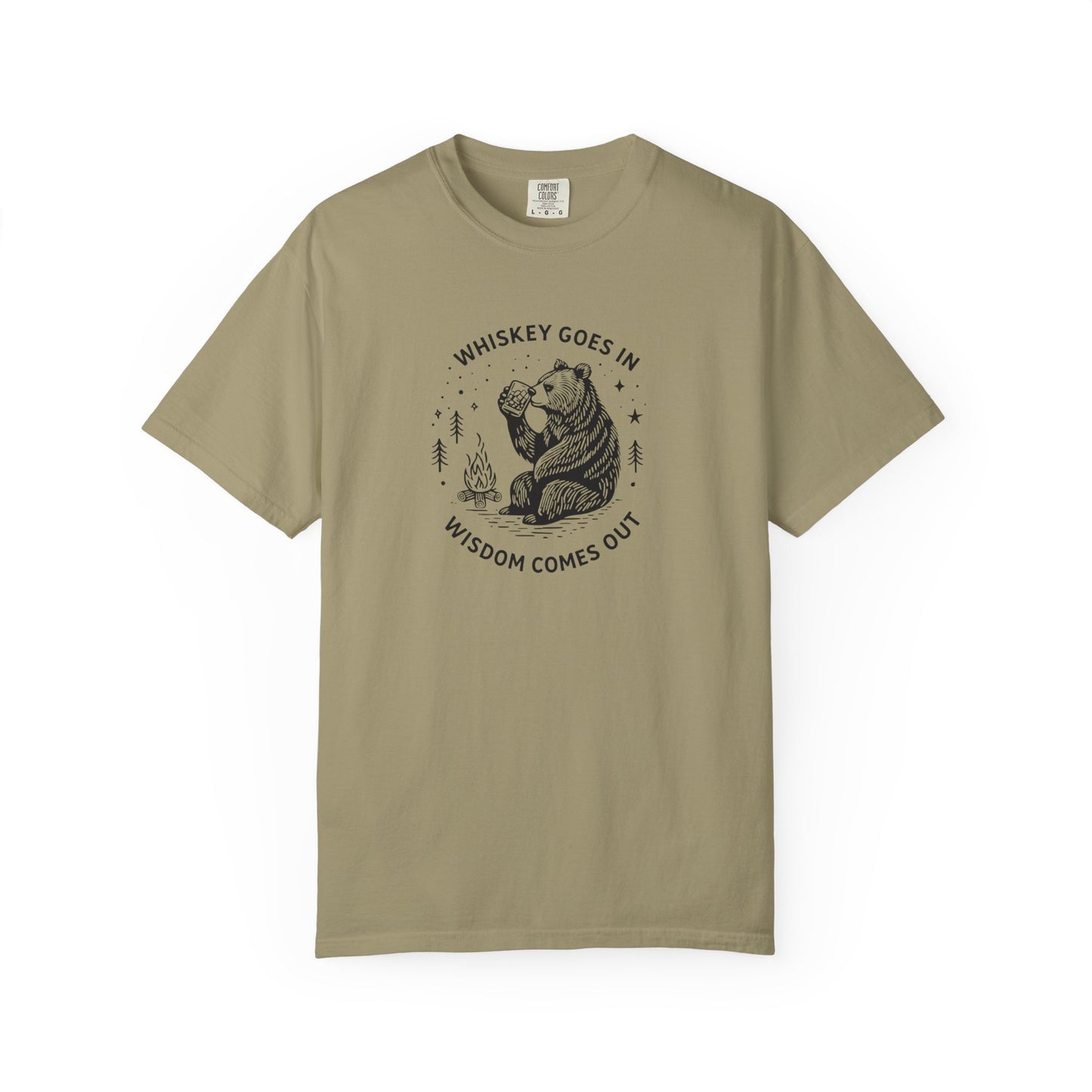 Whiskey Goes In Wisdom Comes Out Bear Illustration T-Shirt | Drinking Humor