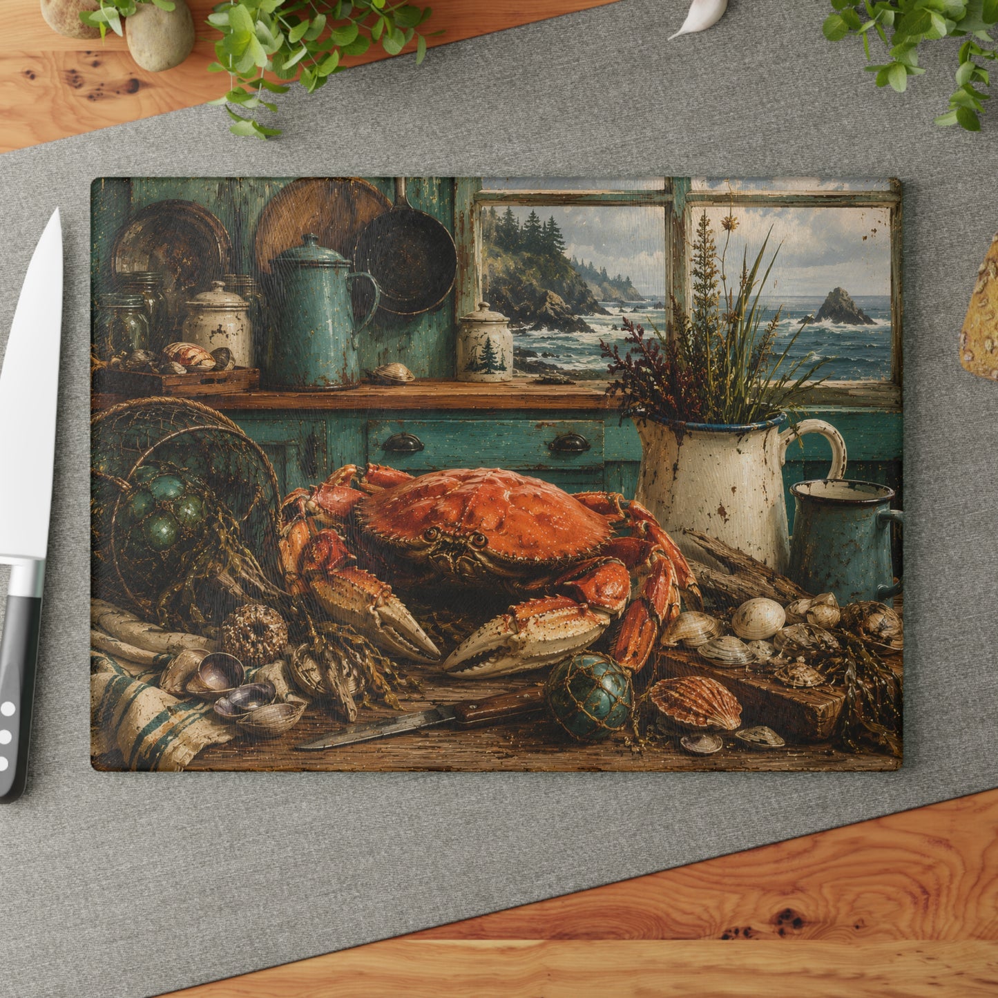 Coastal Crab Kitchen Glass Cutting Board – Nautical Seafood Coastal Décor