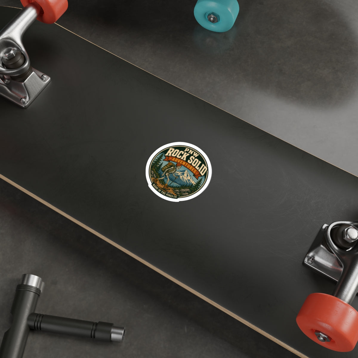 PNW Rock Solid Adventures Hiking Skeleton Sticker | Mountain Badge Die-Cut