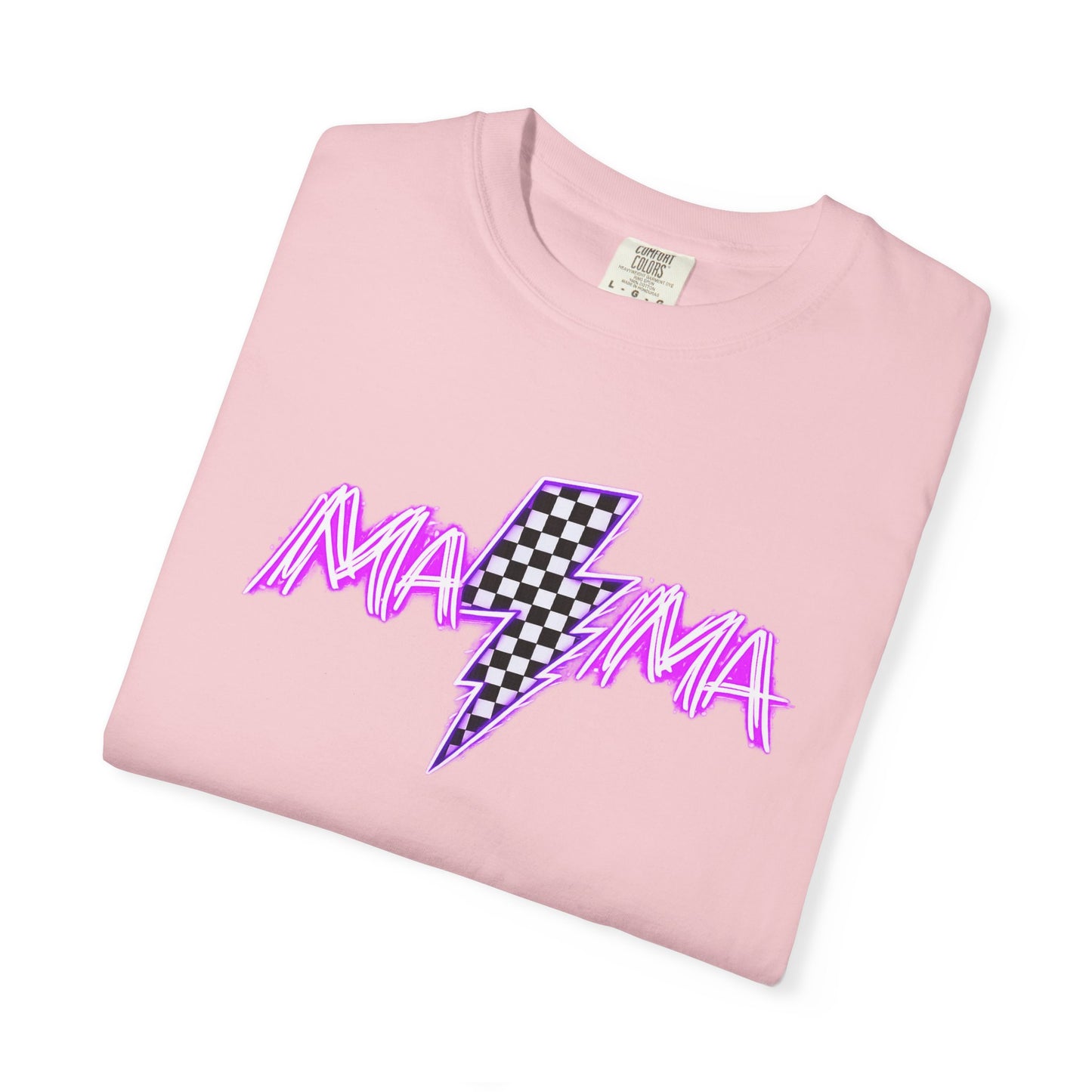 Mama Lightning Bolt T-Shirt — Retro Pink Script Checkerboard Bolt