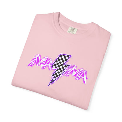 Mama Lightning Bolt T-Shirt — Retro Pink Script Checkerboard Bolt