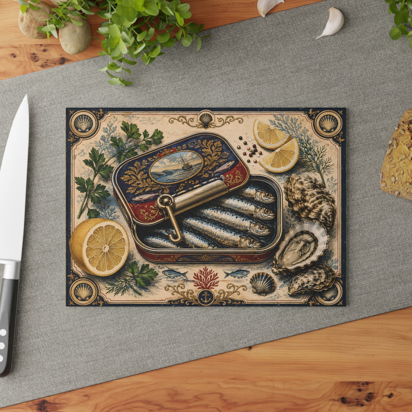 Vintage Sardine Tin Illustration Glass Cutting Board | Seafood Kitchen Art