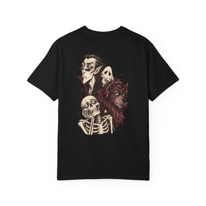 Vampire, Skeleton & Wolf Horror Characters T-Shirt | Spooky Gothic Illustration