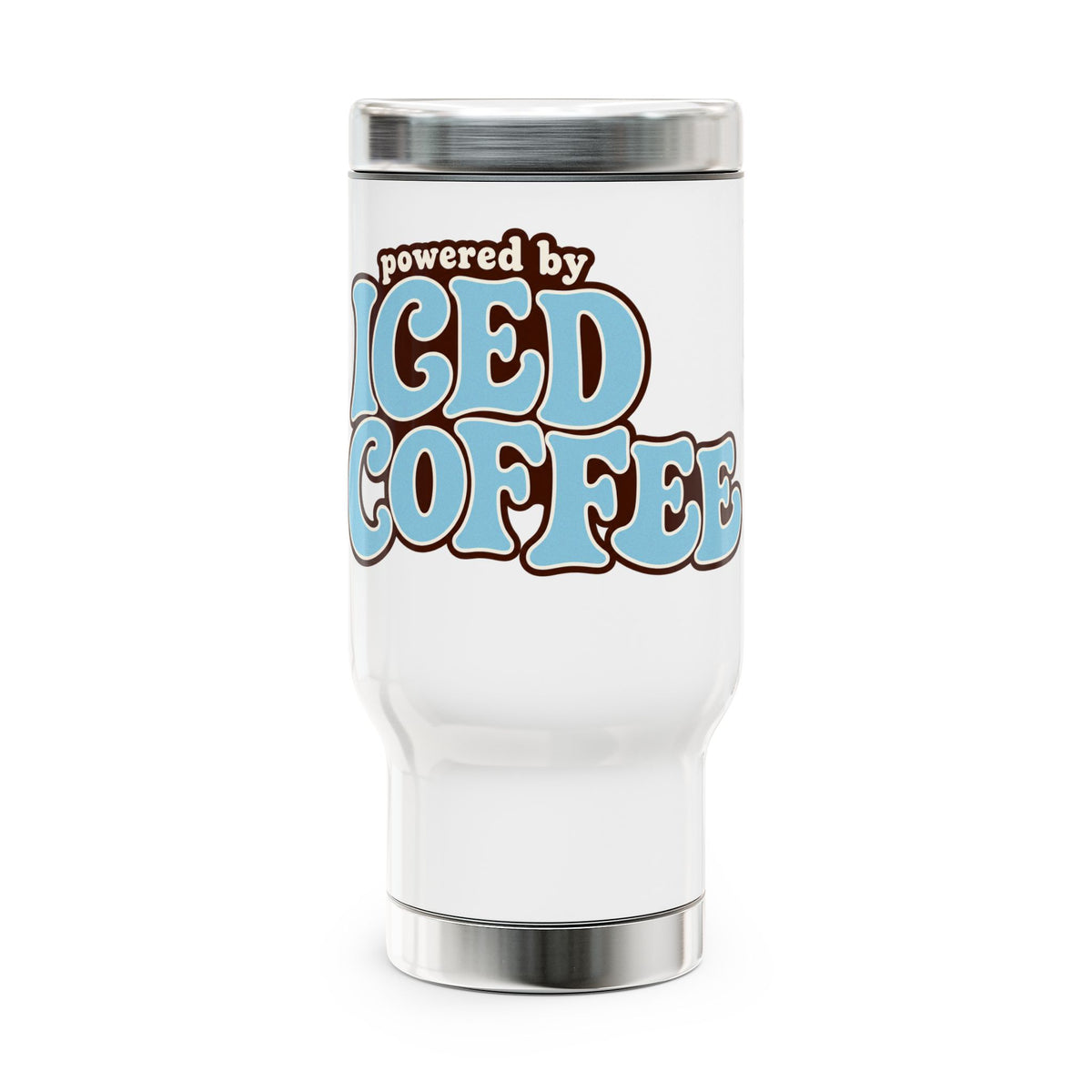 Iced Coffee Travel Mug — "Powered by Iced Coffee" 14oz Stainless Steel Tumbler with Handle