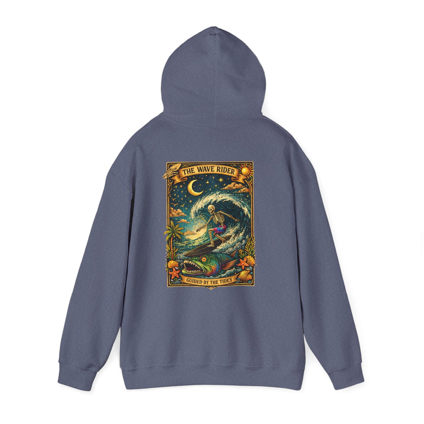 Tarot Surf Hoodie — The Wave Rider Skeleton Surfing Fish, Celestial Ocean Pullover