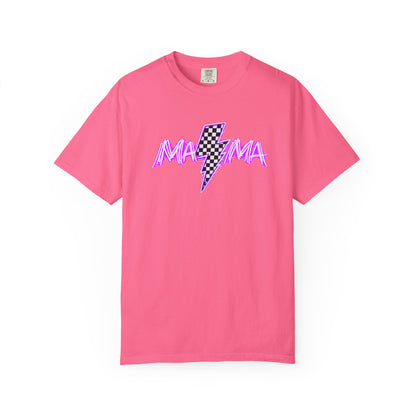 Mama Lightning Bolt T-Shirt — Retro Pink Script Checkerboard Bolt
