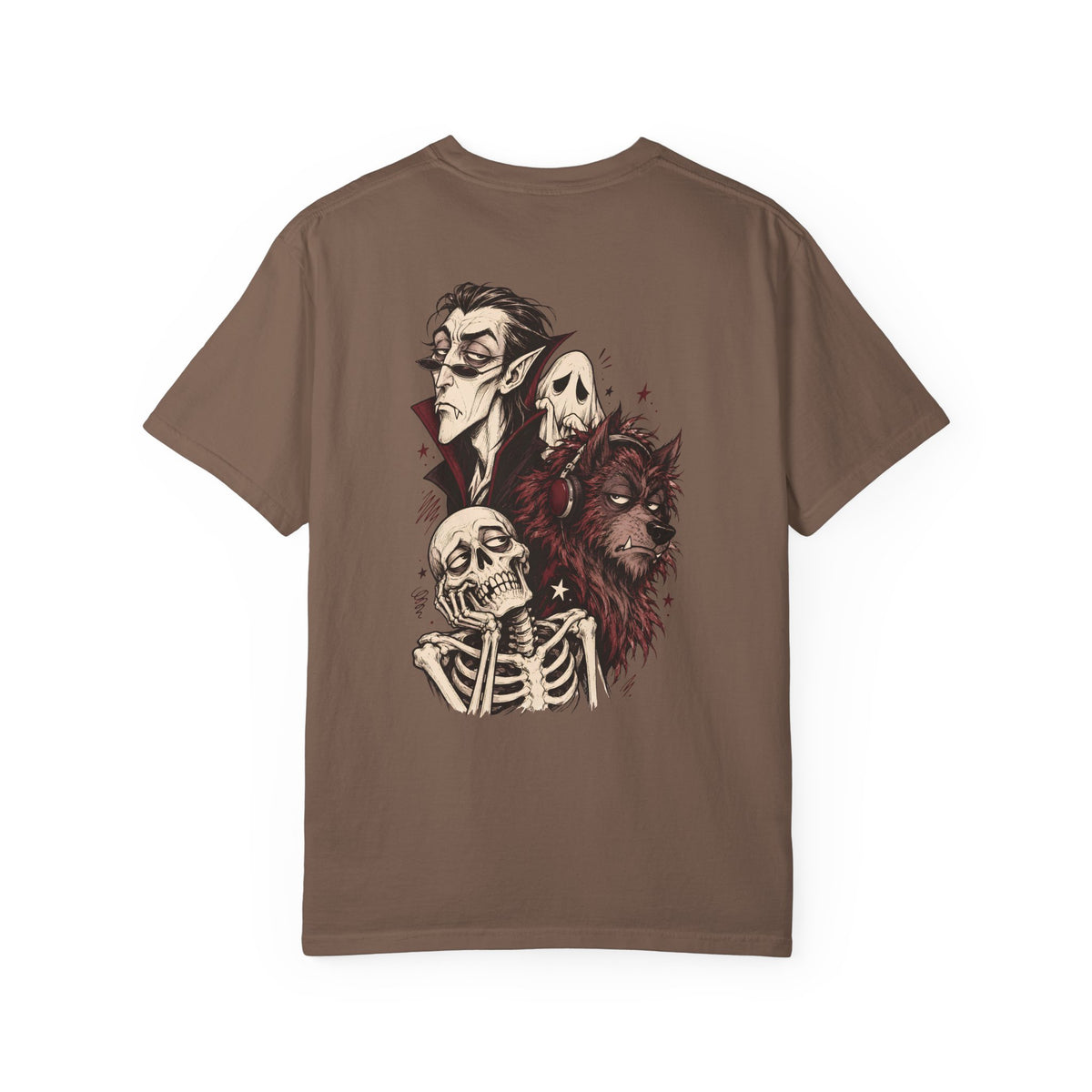 Vampire, Skeleton & Wolf Horror Characters T-Shirt | Spooky Gothic Illustration