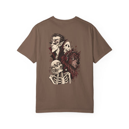 Vampire, Skeleton & Wolf Horror Characters T-Shirt | Spooky Gothic Illustration