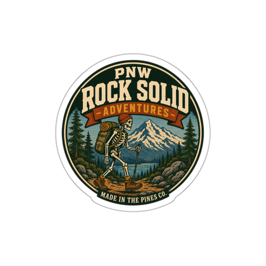 PNW Rock Solid Adventures Hiking Skeleton Sticker | Mountain Badge Die-Cut