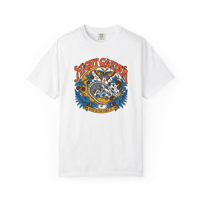 Night Garden T-Shirt, Opossum Skeleton with Moth & Moon, Gothic Botanical Graphic Tee
