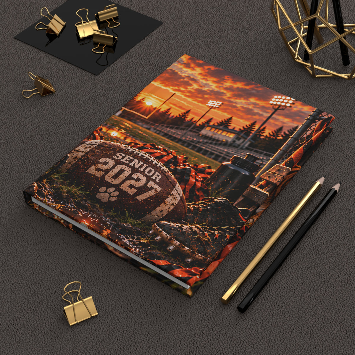 Senior 2027 Football Hardcover Journal — Tiger Mascot Sunset Lined Notebook