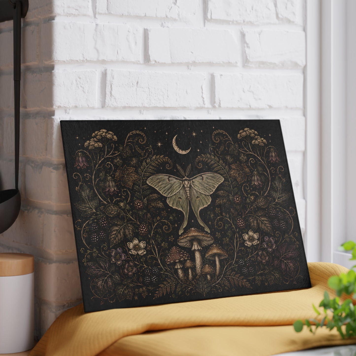Mystic Moth & Moon Glass Cutting Board — Botanical Night Kitchen Decor